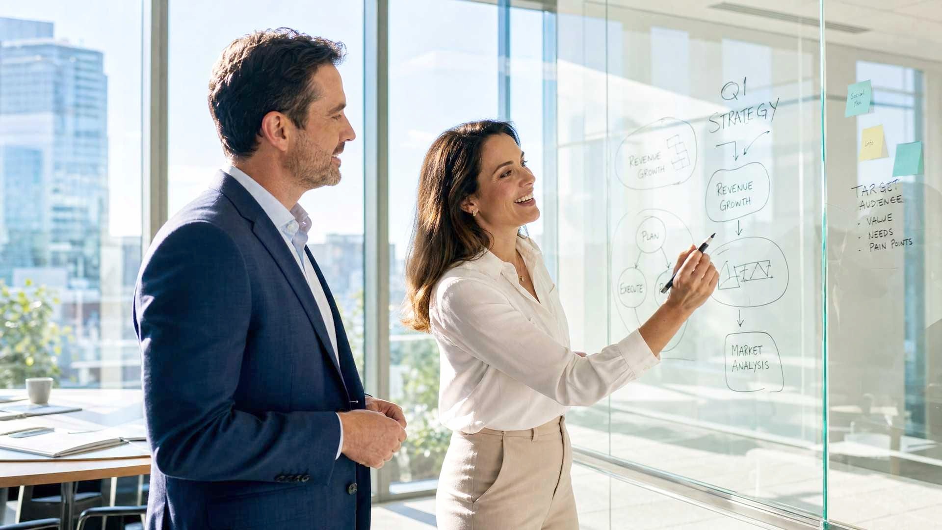 Two consultants reviewing a transformation plan in a glass meeting room.